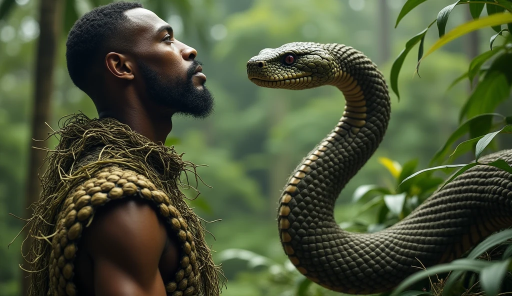 giant snake man in the water, snake man, hybrid snake man, king of snakes, dark king of snakes, In a forest, realistic coiled snakes, man with a snake face, mythology, giant snake, male forest genius of the water ;dark-skinned love, hybrid human snake, snake body,