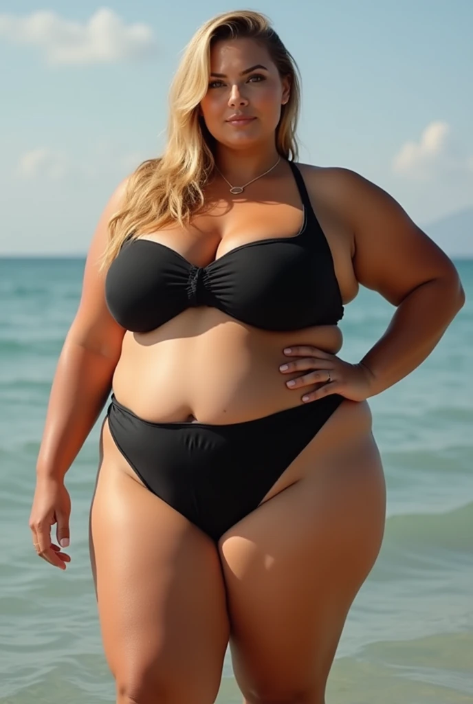 Blonde dyed hair, 165 cm tall, wearing a tulle swimsuit, hair tied up, wearing black sunglasses, plump, belly after cesarean section, fat belly, sagging belly, normal waist, 38-year-old milf woman taking a selfie on the beach, children playing in the background
