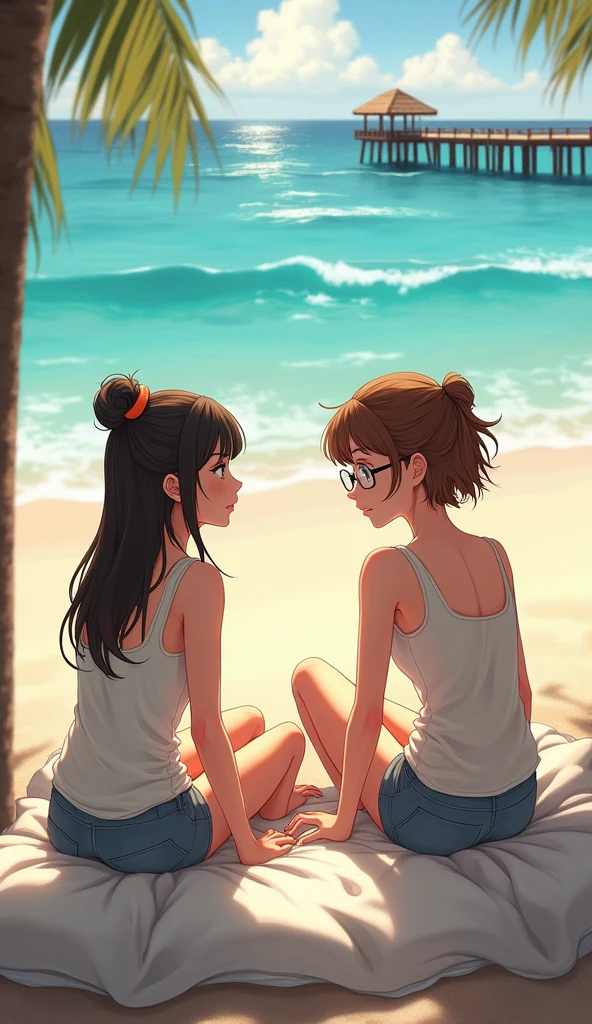 Create 3 friends on a beach sitting on the sand (2 girls with glasses and brown hair) 