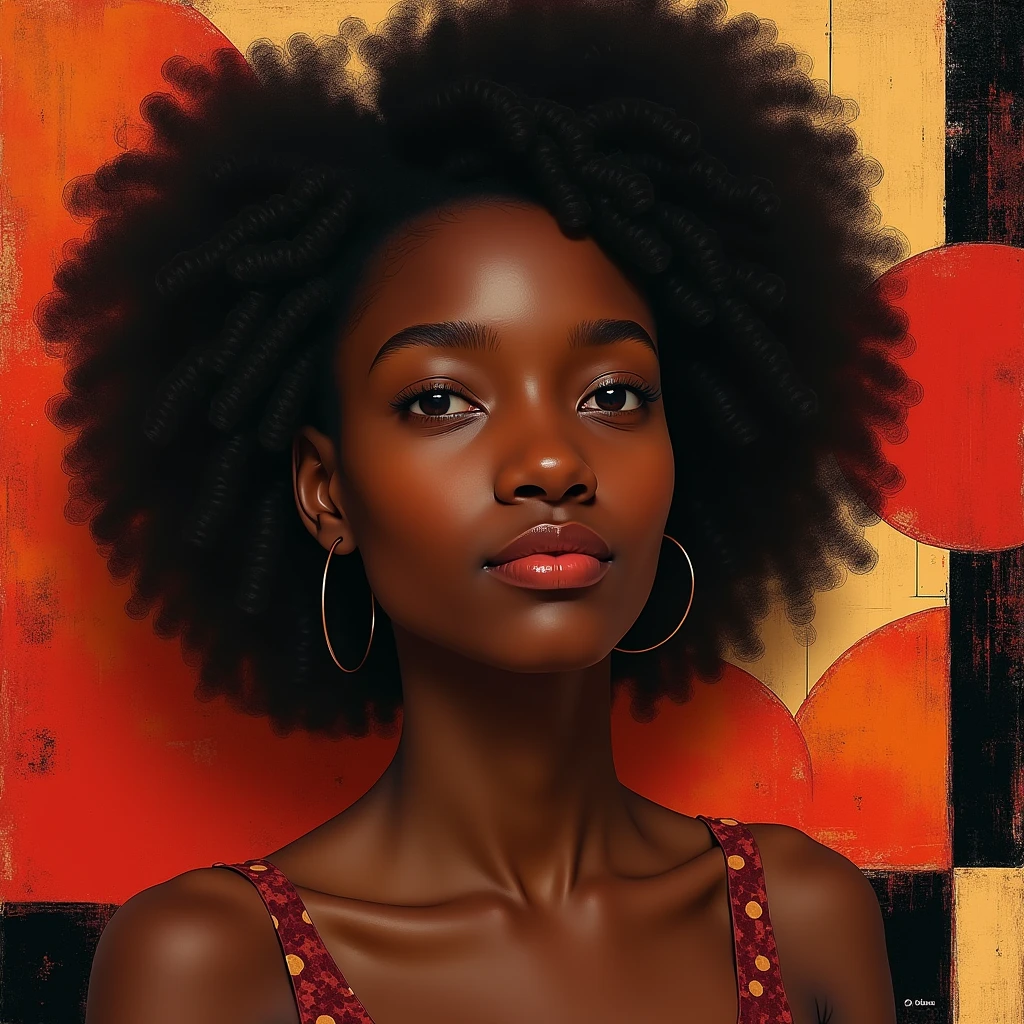a ((naked black)) African woman aged 25, (from the waist up), (bikini:0.5) with a very small afro standing in the desert, with white tribal markings, afro, curly afro, red afro, afro hair, natural hair, small afro, red afro, short afro hair, afro, intense sunlight, with the sun shining on it, small afro!, vibrant hues, dark skinned african girl, in style of jean-haul basquiat, mark ryden --auto