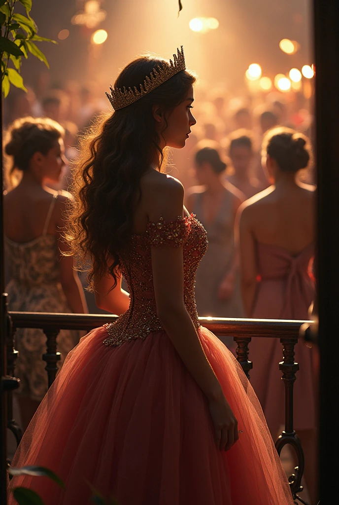 I want a realistic quinceañera where she comes down from the stands of her quinceanera party, Her black hair is tied up in a bun with headbands decorating it.. Let the bottom of your party come out