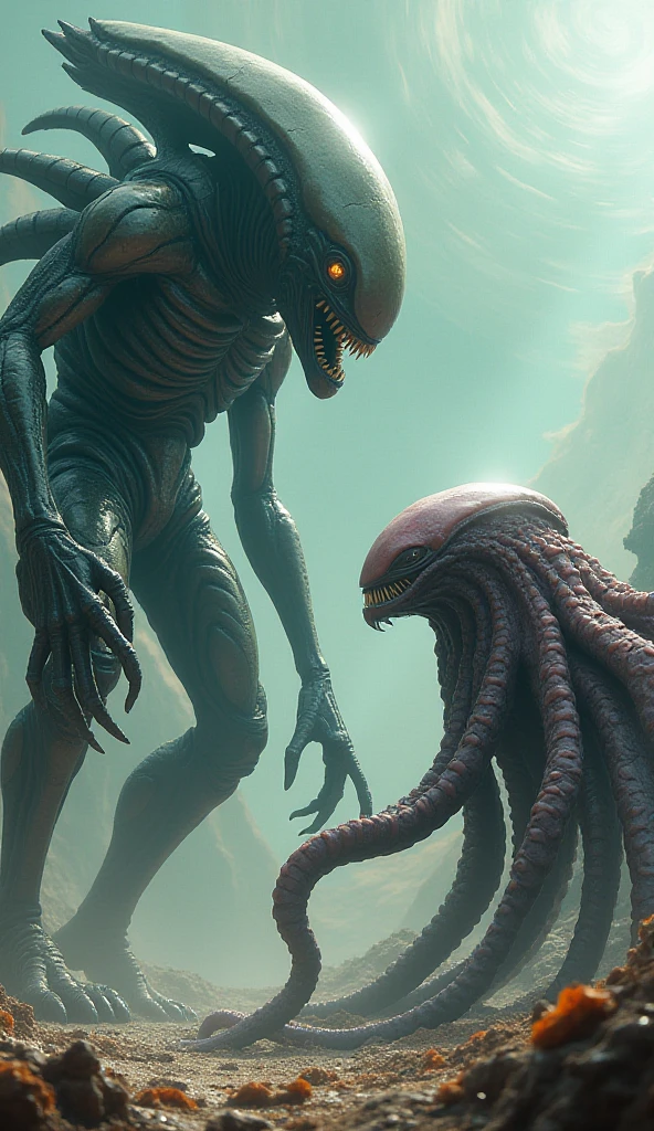 big alien and octopus face to face
