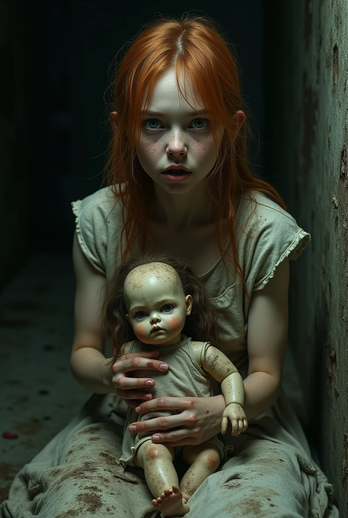 a female child, with long red hair, holding a toy doll in one hand, and a pistol in the other hand.