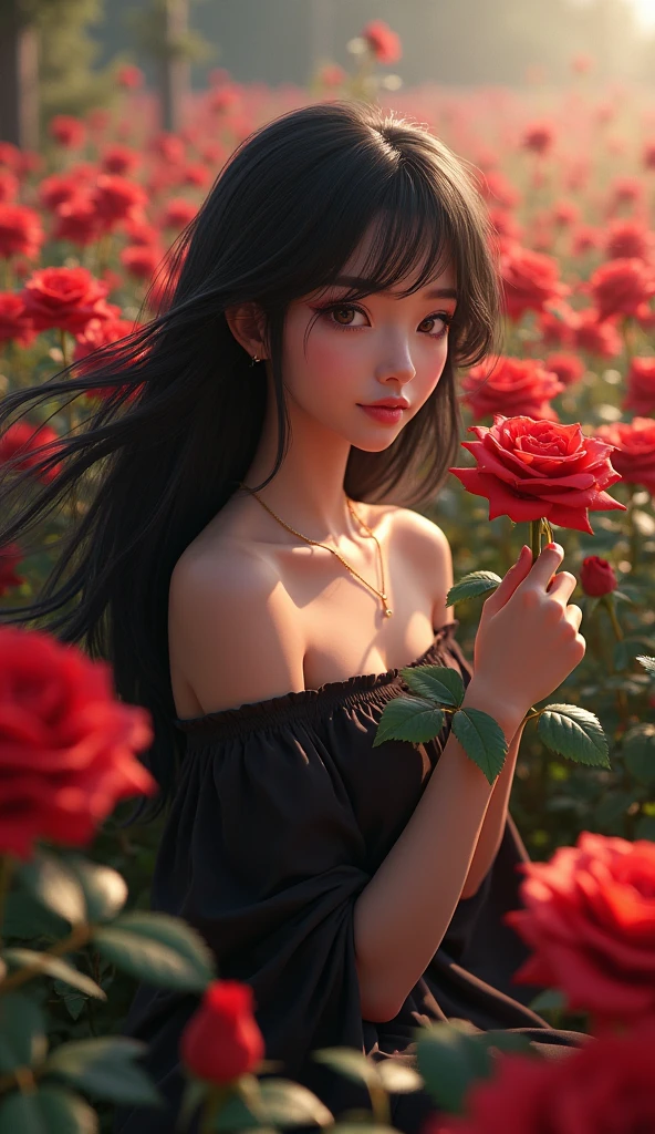 high_quality, highres, beautiful, detailed, (masterpiece, best quality:1.2), absurdres, 8k, HDR, 1girl, bangs,  shoulders, , choker, cleavage, cloud, cloudy sky, dress, earrings,holding giant flower, horizon, jewelry, looking at viewer, ocean, off shoulder, outdoors, red eyes, red flower, red nails, red rose, rose, rose petals, short hair, sky, solo, sunset, water, close up