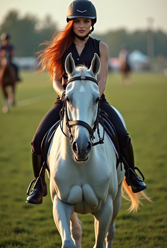 A very beautiful bright red-haired girl rides on a black horse