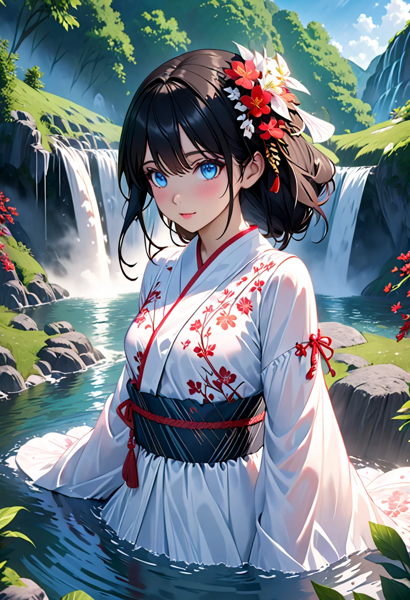  very beautiful girl bathing happily near a clear and cool waterfall。 pink skin、 blue eyes、Black Hair、 detailed face 、 Detailed Entity、Realistic Model、 Highly Detailed Natural Scenery 、CGI 8k resolution  