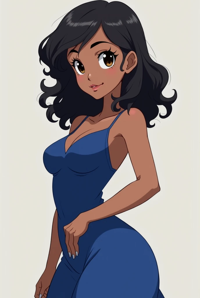 c00lw0rld, 1girl, curvy blue eyed girl with long wavy black hair and small breasts, smug