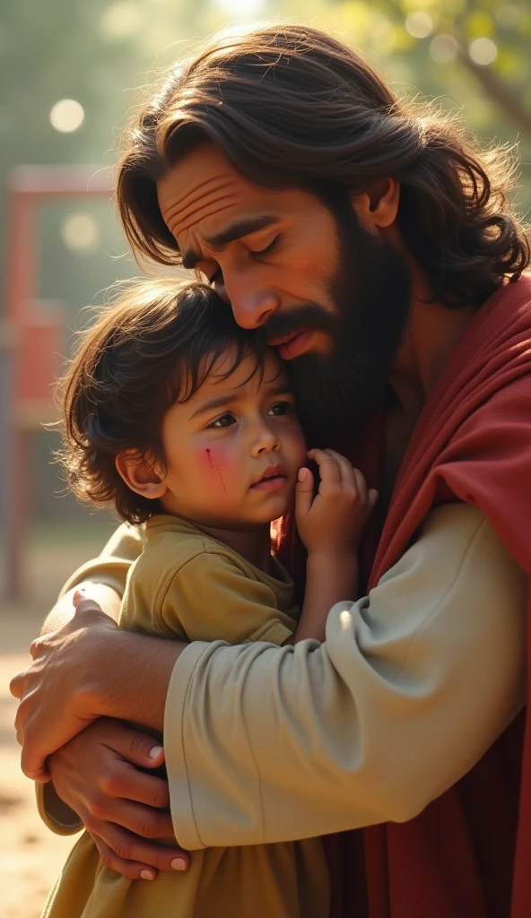 Jesus holding little children on his shoulders happy