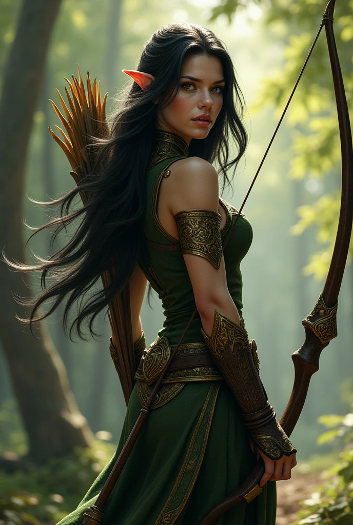 Mulher elfa, roupas verdes, with bow and arrow in hand, full body standing on a forest, Riacho, Fundo da floresta muito iluminado com muitas flores e folhas, com folhas de cerejeiras caindo, Minimalista, inacabado, arte conceitual, por Brian Froud e Carne Griffiths e Wadim Kashin e John William Waterhouse, detalhes intrincados, 8k post production, high resolution, hiperdetalhado, trending on ArtStation, foco nítido, Studio photo, detalhes intrincados, altamente detalhado, Directed by: Greg Rutkowski