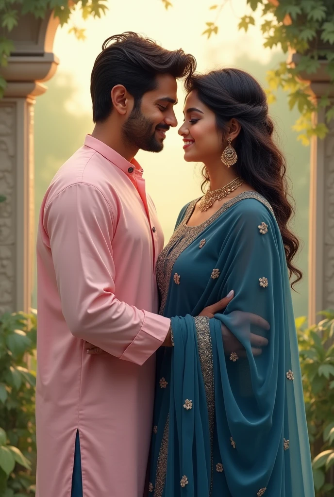 Create a captivating image that portrays a Pakistani love wedding celebration. Depict a boy and girl dressed in traditional attire, holding hands and radiating love and happiness. Incorporate their names, [Boy's Moiz] and [Girl's Ariba], beautifully written on their hands. Enhance the image by including their lucky numbers, [Boy's 24] and [Girl's 23], in an artistic way. The image should exude warmth, joy, and the essence of a loving union.