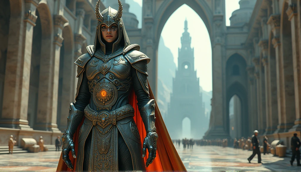 Create an image of an Atlantean warrior priest standing proudly in front of a massive, intricately designed gate that leads to a grand city, combining the artistic styles of Szukalski and H.R. Giger. The warrior priest’s shimmering metallic robe shifts colors and is adorned with geometric patterns and glowing symbols, inspired by Szukalski's surreal, grotesque forms. His chest is protected by a reflective breastplate, engraved with celestial motifs and divine symbols, giving it a mysterious and almost biomechanical appearance in the style of Giger. The vambraces are etched with ancient runes, while the ceremonial belt holds daggers, incorporating the detailed textures and dark, industrial elements reminiscent of Giger’s work. His pants are fitted and flexible, with boots that combine elegance with the unsettling, mechanical designs of Giger's alien creatures. The warrior priest’s helmet is a headdress resembling an ancient deity, with feathers and intricate carvings, but with a darker, more biomechanical aesthetic. His face is partially visible, serene yet determined, with haunting features inspired by Szukalski’s twisted human forms. A flowing, translucent cape billows behind him, combining both organic and mechanical motifs. The massive city looms in the background, with its structures inspired by Szukalski's brutalist style and Giger's eerie, dystopian landscapes