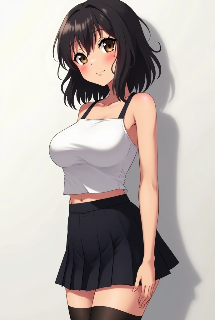 Hot Anime girl , black skirt , pink short shirt , standing position , open shirt two battans