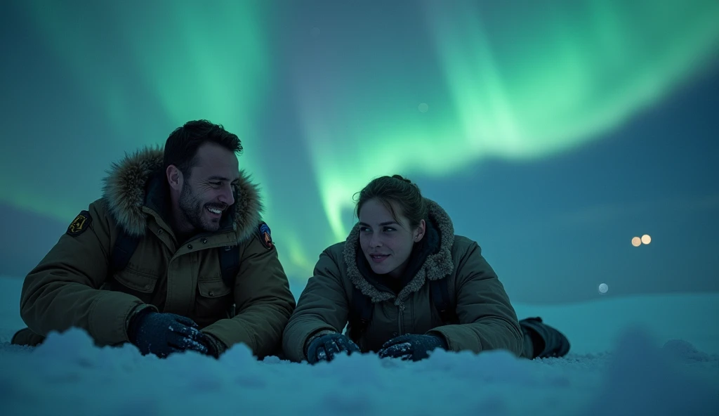 A middle age couple, man is tall with beard, woman is short, both are white, standing in front of northern lights, both are chunky