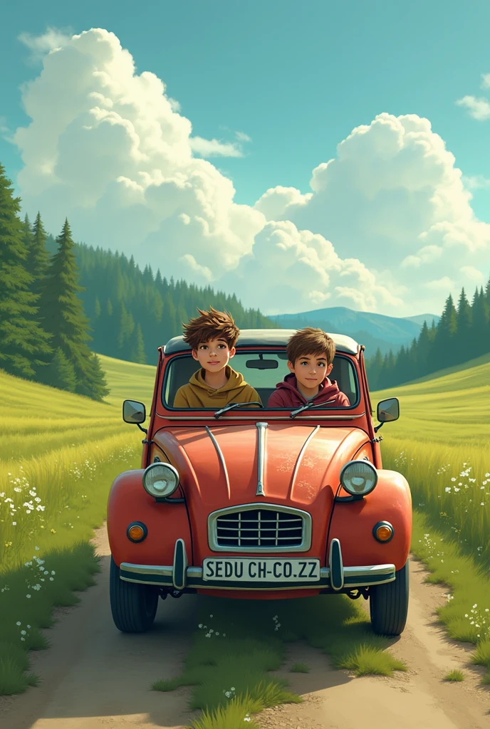 2 brother and boy sitting in tourist car