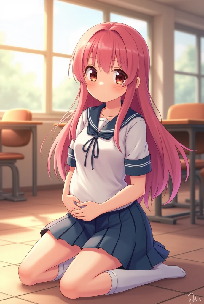 hoshino (blue archive) A girl with long pink hair and a uniform, lolicon, looking at the camera, I&#39;m dear,blushful, medium chest, pregnant with huge belly, hands behind the back, class room, best qualityer, high qualiy.