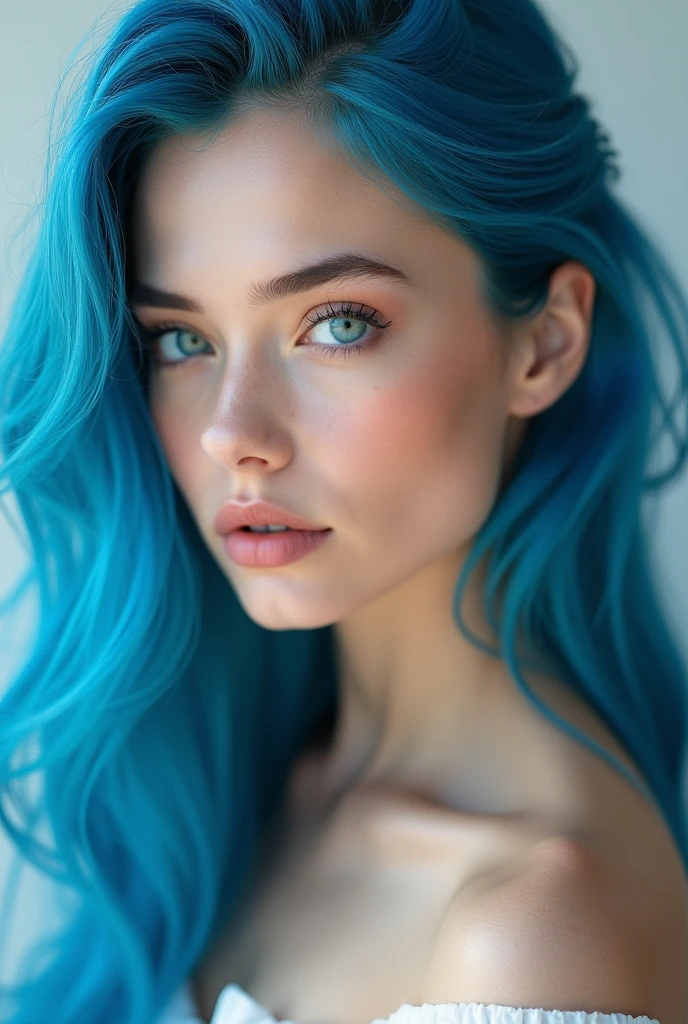 20 years old young girl with blue and white hair , long flowing blue hair, very long wavy azure blue hair, long blue hair, beautiful woman with blue hair, flowing blue hair, beautiful blue haired girl, pretty girl with blue hair, long azure blue hair, blue long hair, very long blue hair, girl with blue hair, blue hairstyle,, tall, beautiful, athletic figure, round breasts, green eyes, medium round breasts (best quality, 4k, 8k, high definition), ultra detail, detailed face and facial features, beautiful detailed eyes, beautiful detailed lips, extremely detailed eyes and face, long eyelashes