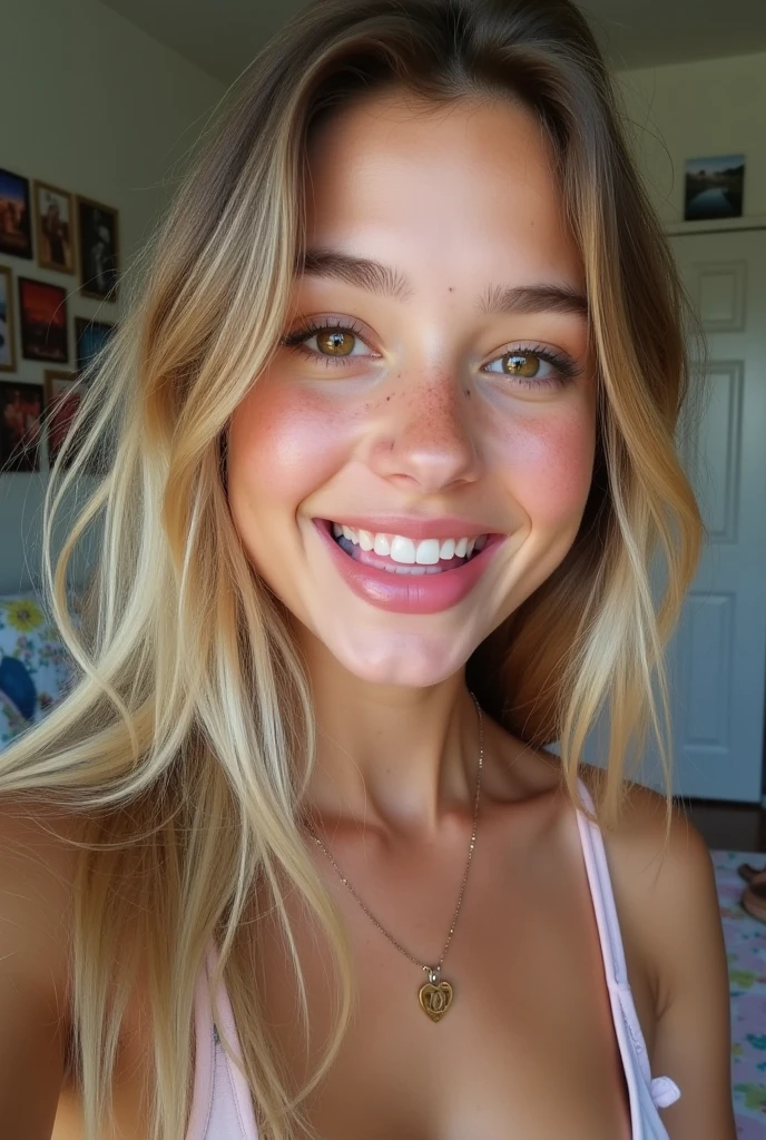 Realistic photo of a beautiful 18 year old m1l3yc woman, happy, 1girl, solo, long hair, breasts, smile, blonde hair, brown hair, , nude, small breasts, teeth, grin, lips, realistic, hair censor, hair over breasts, soft lighting, professional Photography, Photorealistic, detailed, RAW, analog, sharp focus, 8k, HD, DSLR, high quality, Fujifilm XT3, film grain, award winning, masterpiece, wearing school girl outfit