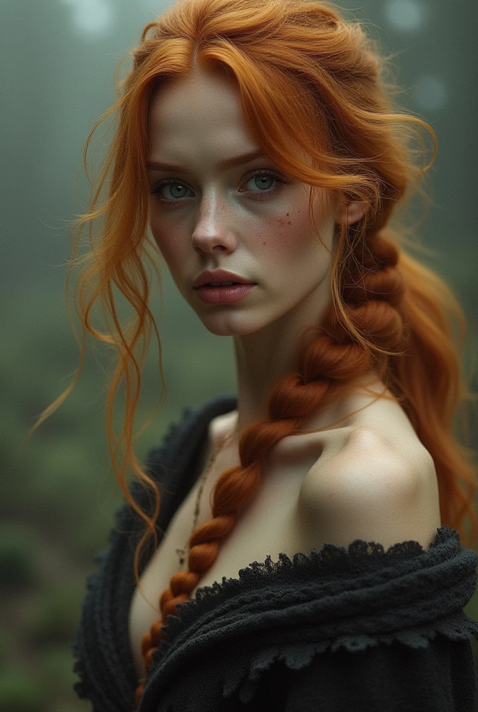 NSFW、hightquality、high-level image quality、hight resolution、a picture、Perfect human body structure、1 Beautiful scandinavian 19 year old ginger Girl、full bodyesbian、A sly smile、elvish、long red hair in very long intricate ceremonial braids、fullnude、White and thin silk robes disheveled、Wet and snugly attached to the skin、Open crotch、Forest with springs、Pose Seductive, arri alexa 65