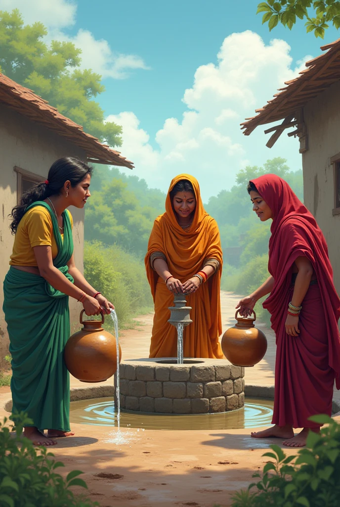 पानी के घड़े लाती हुई भारतीय लड़कियां, हंसती और बातें करती हुई, गांव का रास्ता, आसपास गांव के कच्चे मकान, पक्षी और तितलियां, फूलों और घासो से भरी क्यारियां