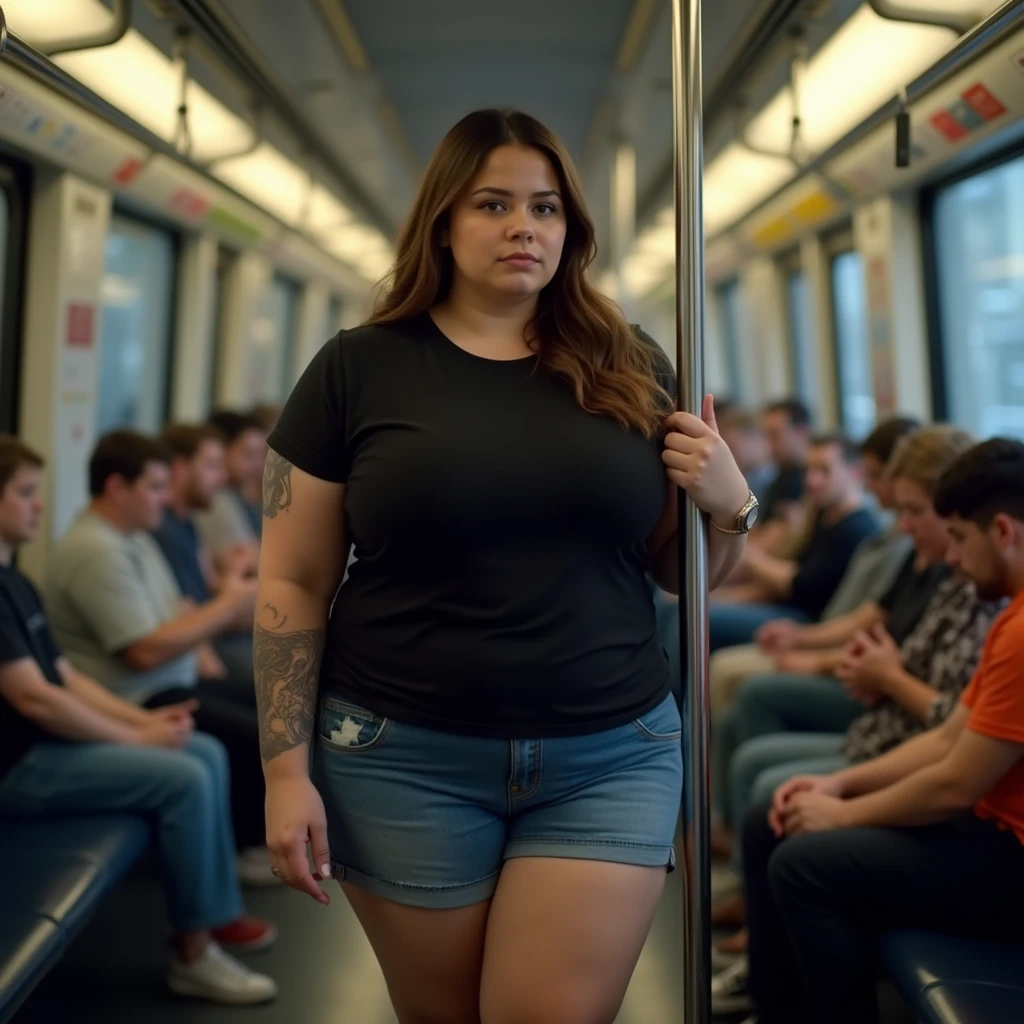 20 year old girl, with breasts, red hair, big belly, turned into a giant taller than buildings, showing on shrunken people stand on the ground