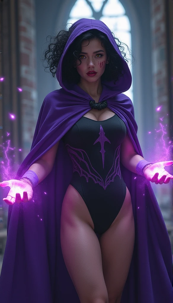 a beautiful dark magician girl with a super low-cut shimmering dress in a very sexy pose looking very sexy facing forward showing her full body, background with a magical spell, detailed face, high quality, photorealistic, 8k, vivid colors, chiaroscuro lighting, fantasy art
