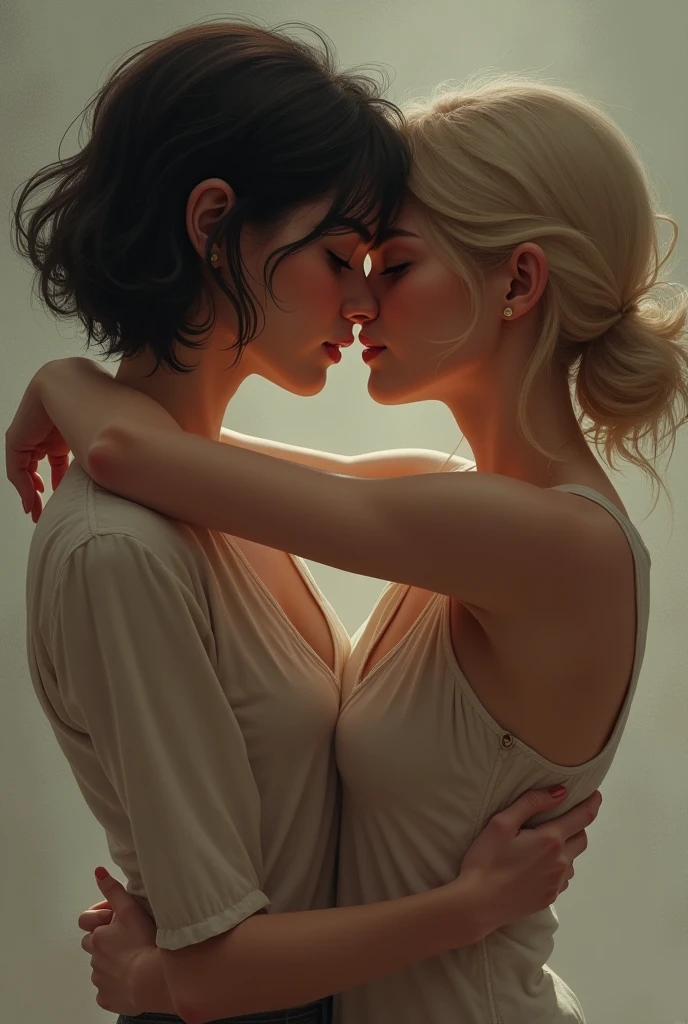 Lesbian couple, Chinese with a Brazilian, Chinese woman having short hair and black eyes with gold, Brazilian woman having white hair and shaved on the side with golden eyes, kissing 