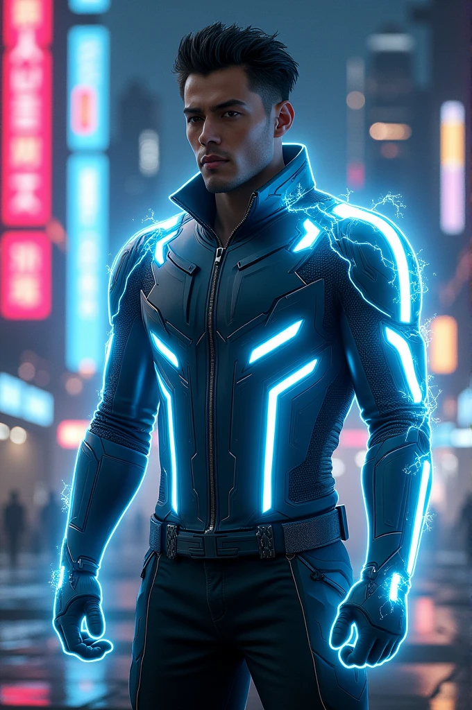 Aqua man glossy white suit in with glowing white lighting cyberpunk futuristic costume background