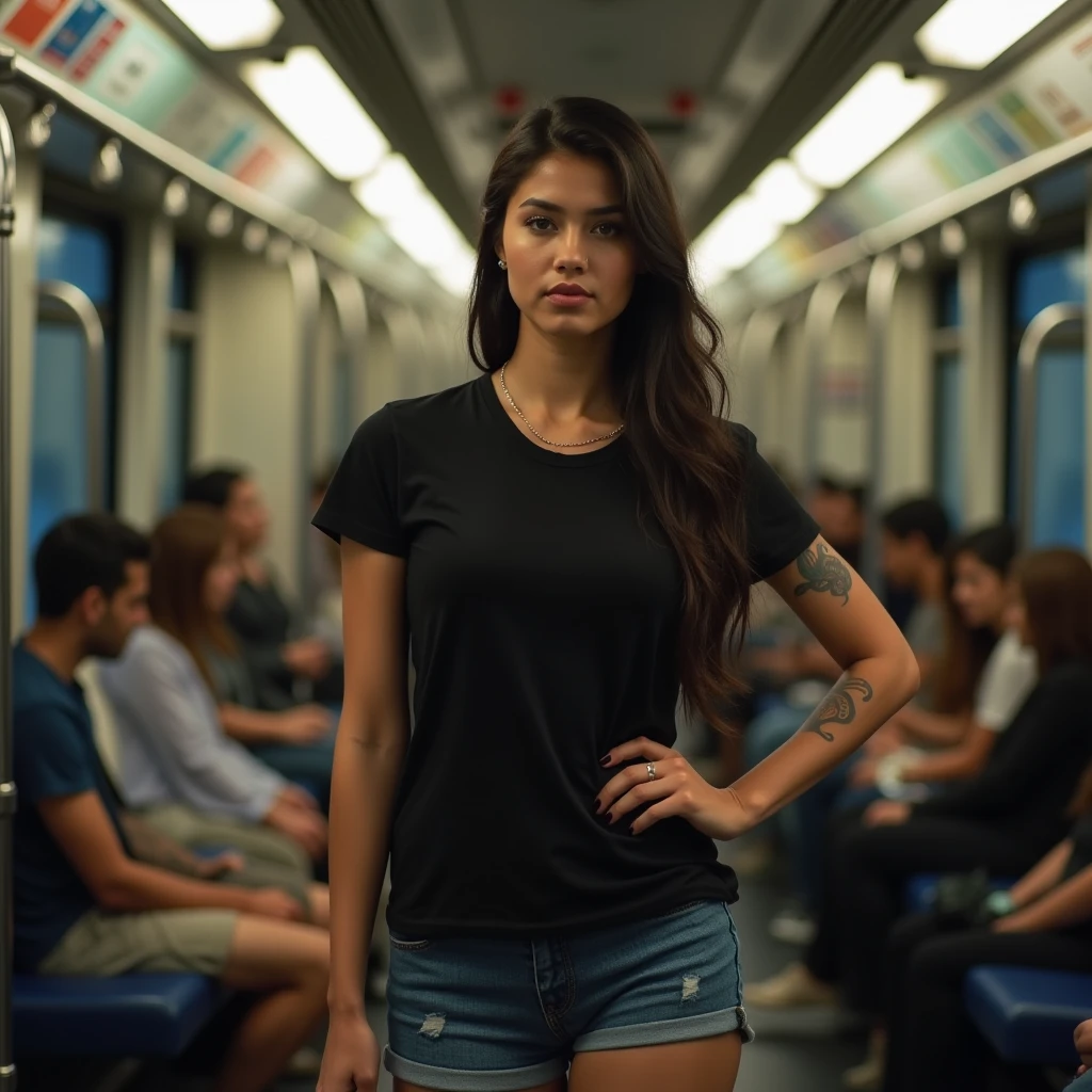 (Extrem detailliertes CG Unity 8k-Hintergrundbild), Photo of the most beautiful work of art in the world, 8k uhd, realistisches Foto, a half body photo of a 24 year old medium black girl, langes und schwarzes Haar, medium breasts, wearing high-waisted shorts and a tucked-in tank top, Bremen Hauptbahnhof, DSLR with fixed focal length lens for razor-sharp and detailed shots , Fill Flash, to balance natural light, good quality, Hohe Detailgenauigkeit, scharfer Fokus, dramatisch, (Blick auf den Betrachter:1.2), (detailliertes Gesicht:1.3)