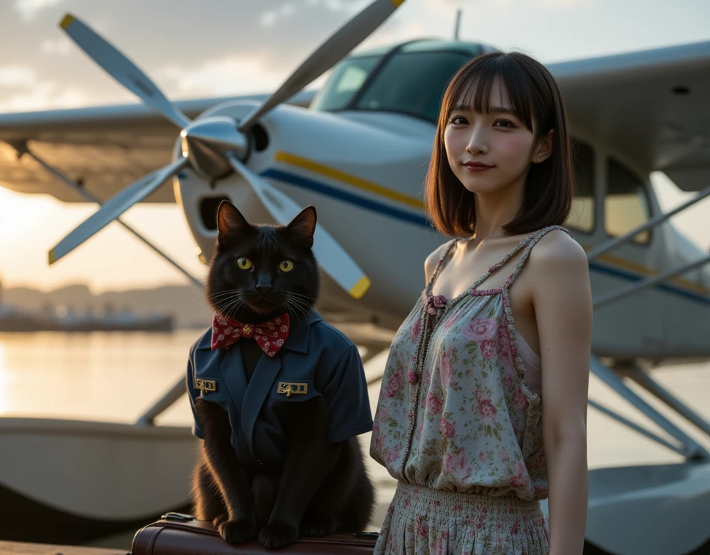 ultra-realistic, photorealistic, dramatic scene, shadow, global-illumination, melancholy, 1 girl\( 20 years old Japanese beautiful girl, beautiful with cute face, wearing a cute patterned one-piece dress with long skirt, pastel camisole, shoulder-length brown hair, accessories, simple sneaker, elegant hat\), 1 human-like giant black cat\( human-like giant black cat, bow tie, wearing a conservative aloha-shirt, slight taller than the girl, standing with her, wearing an dark colored aloha-shirt, holding a large suits case, little chubby\), the girl and human-like giant black cat are about to board the private flying boat moored at the private seaplane port, old flying boat with single propeller, monoplane, the propeller is illuminated by the evening sun