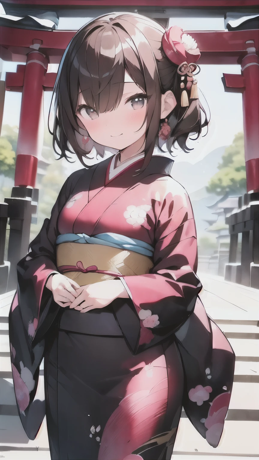 (((New Year's Temples and Shrines 、A girl going on a first visit、Girl wearing a peony pattern furuncle 、 a very gorgeous brightly colored long-sleeved kimono:1.5、 girl drawing an omikuji、Teasing Smile)))、( brown hair short cut、 Beautiful Brown Hair 、(hair over one eye:1.5)、Diagonal bangs:1.5、Keep your head small、 Perfect Face、 Shiny Skin、 clear brown eyes 、 has small breasts、The butt is small)、(((Watercolor)))、  top quality、masterpiece、  ultra high definition、 8k、 show anime style  、 Softline Art 、Digital Enhancement、 shojo anime touch, shojo manga core,  flowing fabric 、Soft Drawing、  ultra-fine digital animation art 、 Clear facial depiction、 super detailed girl cartoon character art 、 Ultra-detailed manga style、  top qualityの色
