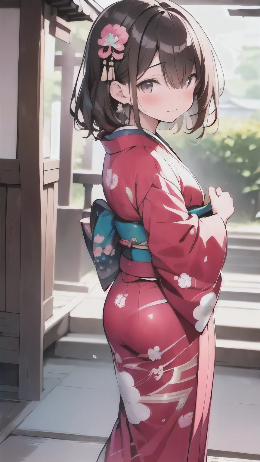 (((New Year's Temples and Shrines 、A girl going on a first visit、Girl wearing a peony pattern furuncle 、 a very gorgeous brightly colored long-sleeved kimono:1.5、 girl drawing an omikuji、Teasing Smile)))、( brown hair short cut、 Beautiful Brown Hair 、(hair over one eye:1.5、Diagonal bangs:1.5)、Keep your head small、 Perfect Face、 Shiny Skin、 clear brown eyes 、 has small breasts、The butt is small)、(((Watercolor)))、  top quality、masterpiece、  ultra high definition、 8k、 show anime style  、 Softline Art 、Digital Enhancement、 shojo anime touch, shojo manga core,  flowing fabric 、Soft Drawing、  ultra-fine digital animation art 、 Clear facial depiction、 super detailed girl cartoon character art 、 Ultra-detailed manga style、  top qualityの色