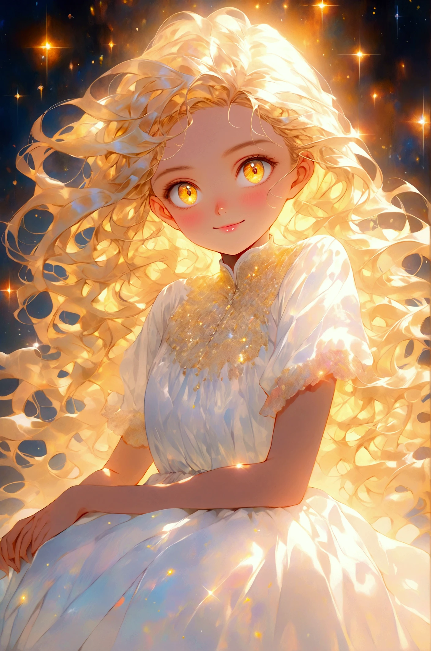 a smiling girl of about fifteen with long golden hair and crystal golden eyes. She wears a simple white dress. 