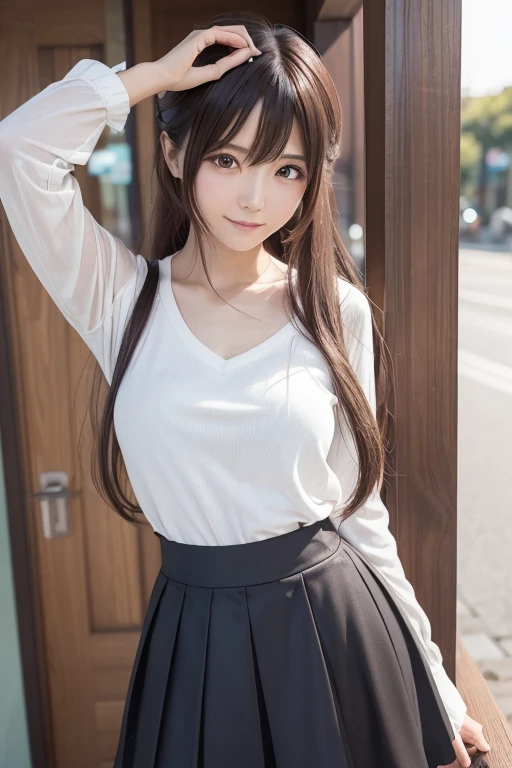 A woman in a skirt and top is posing for a photo, アニメの女の子 cosplay, プロの cosplay, cosplay, アニメ cosplay、 looking at camera、 Detailed beautiful eyes 、 cute smile inside the Kyoden、 soft and gentle expression