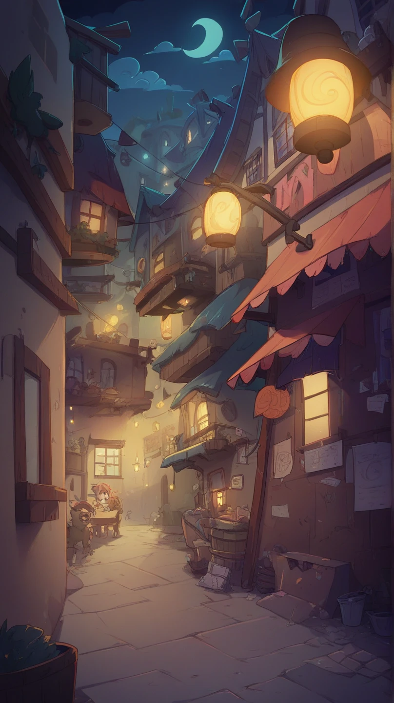 Semi fantastic town, late night, lanterns, dark alley