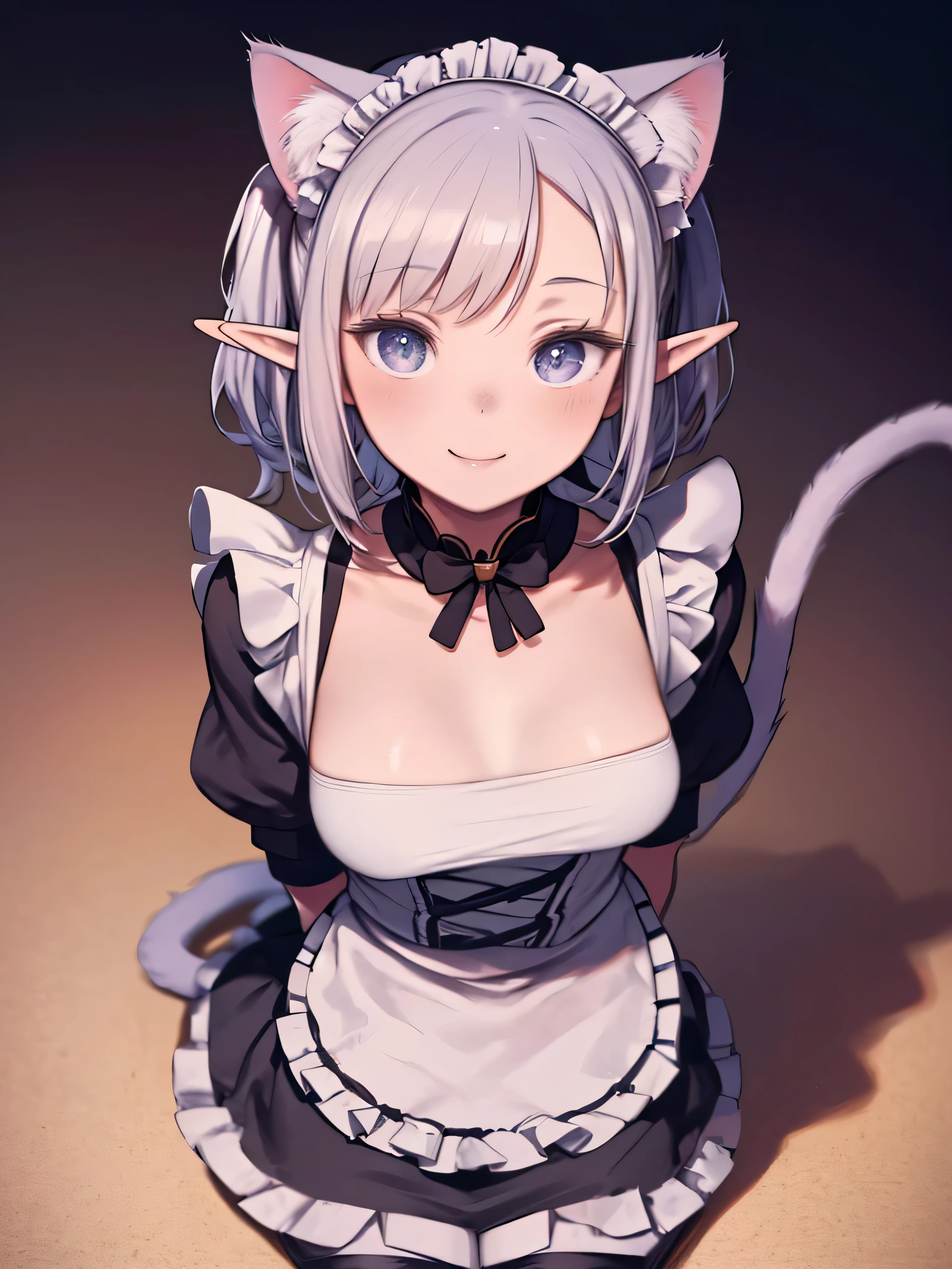 Absolutely beautiful cat lady, perfect slim body, mature royal sister, gray hair, royal sister face, maid outfit, sexy and alluring, beautiful face, bust, 4K picture quality, big body, feminine expression, blush shyness, outrageously large bust, deep eyes, smile