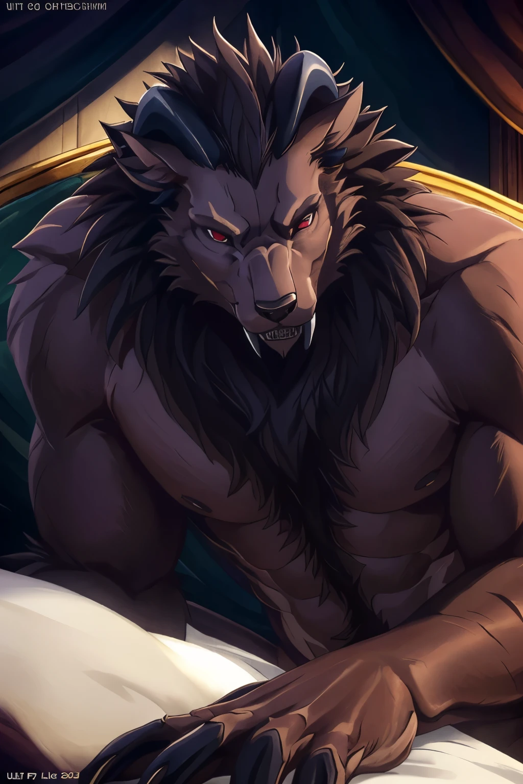 (Best quality, 32К HDR:1.2, ultra detailed, Realistic, photoRealistic, Masterpiece,) full body view, look at the viewer, One, Male, Beautiful, majestic beast, dark lilac brown fur, black mane, Majestic King, King Leonhart, muscular body, crimson eyes, serious look , small ears, curved back black horns, long upper teeth, (detailed Realistic image:1.3), (detailed eyes, beautiful expressive eyes:1), (hyper Realistic fur:1.2), (detailed fur:1. ( detailed face:1) muffled light: 1.2) Masterpiece, Best quality, ultra Realistic ( 8K, UHD, Gorgeous light and shadows, Detailed face image, top quality, Masterpiece, Ultra-high detail, Official art, very detailed, deep shadows, dynamic shadows, HDR, deep sharpness, ultra detailed fur, maximum focus, depth of field, perfect lighting, easy, Highest quality, ultra detailed body, cinematic, sharp focus, Correct anatomy, right hands, right hands, correct head, basic background, on bed, lying down, shirtless, naked, visible penis, big penis, big muscular chest