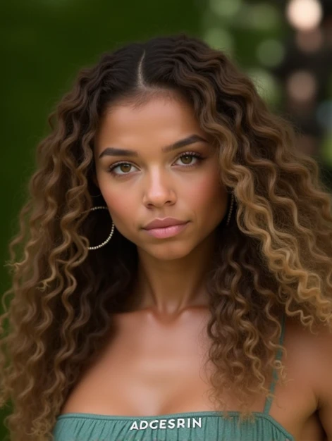 Light skin mixed woman european and African descent with wavy golden blond hair and brown eyes 