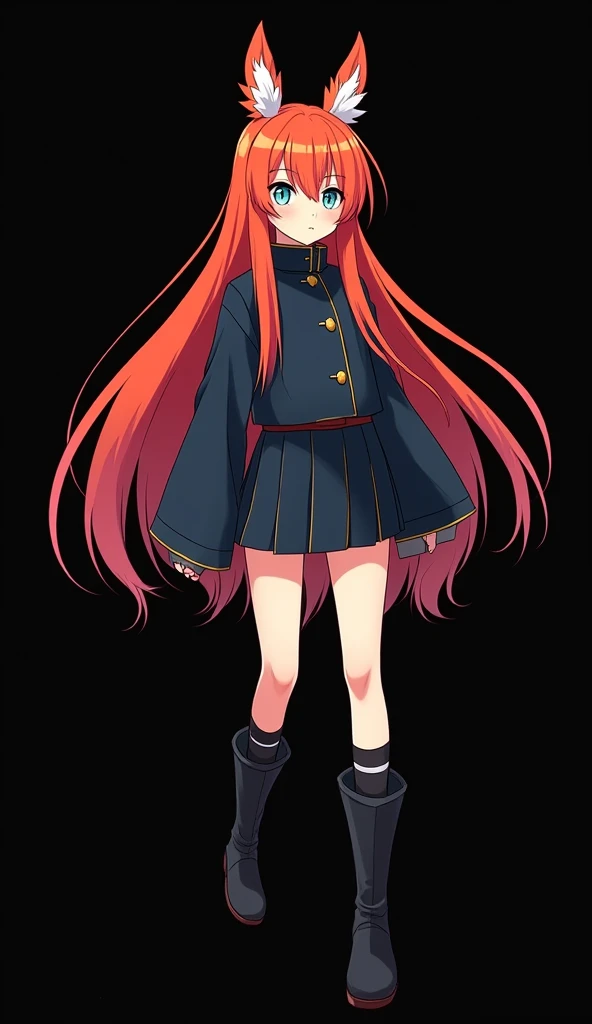 , a female character designed for the Jujutsu Kaisen universe with the characteristic features and style of Gege Akutami.  Straight and intensely red hair ,  with a vibrant orange tone reminiscent of fire .  Two white locks fall on the front ,  standing out as natural marks . She often wears the loose hair . Age: s,  physical and body structure of a -year-oirl.
es: Light blue-green

Costume :  Aoi wears the standard uniform of jujutsu sorcerers, a long or short sleeve dark blue jacket ,  with a front closure of golden buttons . The collar is high, Enhanced,  and can be worn raised for additional protection , a skirt,  generally combined to ensure freedom of movement during combat ,  Both options are in the same dark blue color as the blouse . Medium barrel black boots,  resistant and designed to withstand intense combat .
long socks.  full body .  black background.