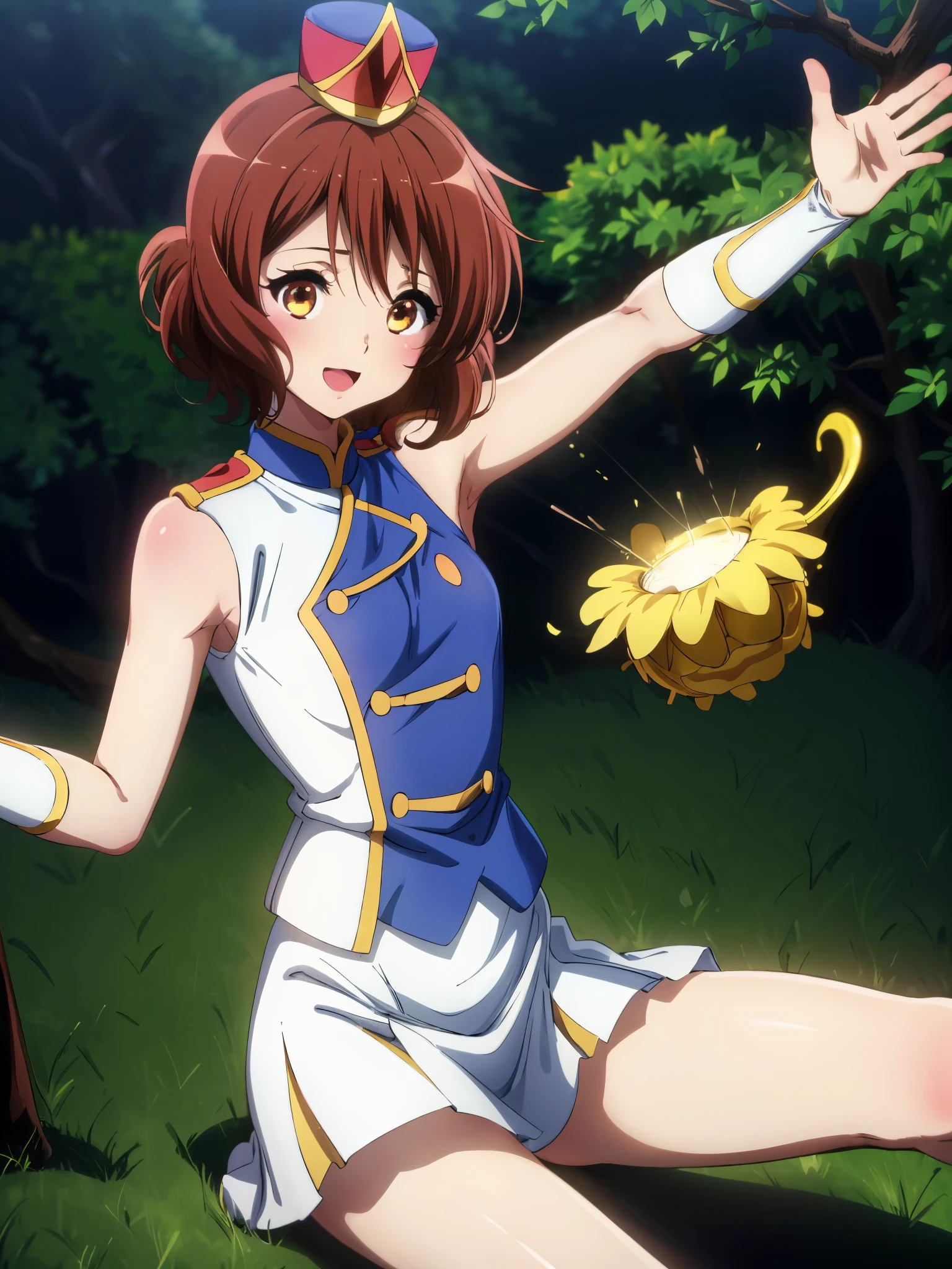 ( highest image quality taken by Ki , 8k, High Quality , Detailed hair,Masterpiece:1.2)、Kuchiki Kuna 、sun festival, mini shako cap, uniform,Eye Enhancement、 face light 、Sparkling Eyes、Alone、 1 girl、View your viewers、sketch、 flat color、、Anime、Animeカラーリング、garden、smile、 Random Poses、( blur background :1.3)、 upper body、Cover the subject completely, (perfect hand, perfect anatomy), big smile when looking back、Accurate Fingers数量、 spread your legs、Accurate Fingers, (perfect hand, perfect anatomy),Smiling towards you、Funny Face、funny face,Zany、