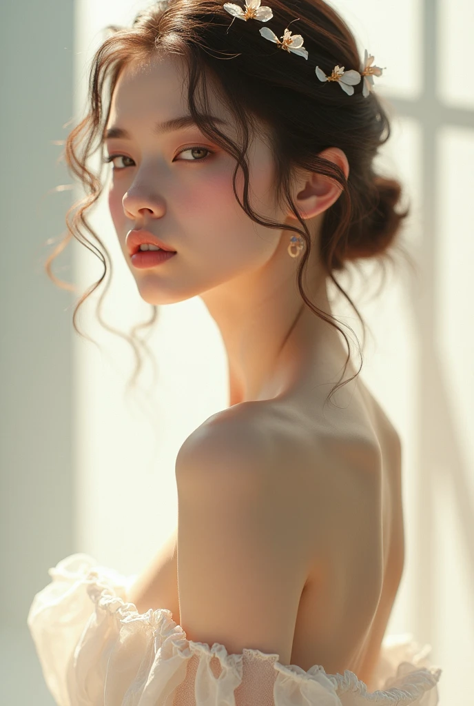 masterpiece, 1 beautiful girl, Delicate eyes, Swollen eyes, top quality, Ultra high resolution, (Reality: 1.4), original photo, 1 Girl, Movie Lighting, Japanese, Asian Beauty, Korean, very beautiful, beautiful skin, slim, Body facing forward, (Surreal), (high resolution), (Eight thousand), (Very detailed), (Best Illustration), (精美Delicate eyes), (Ultra Detailed), Delicate face, Looking at the audience, Face straight ahead, Neat clothes, sleeveless, ((Exposing nipples:1.2)),((Exposing nipples:1.2)),((Exposing nipples:1.2)),short hair, Black Hair, 46 points side bangs, White background, tidy room,