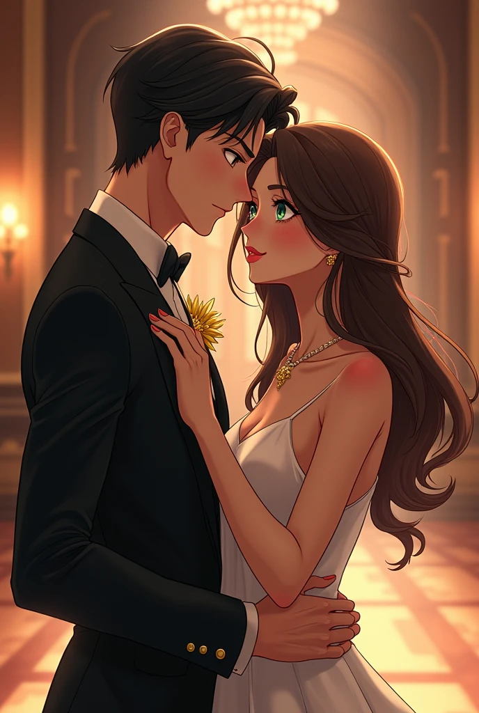 (2.5D Anime:1.3), (highly detailed:1.2), (modern high-society party:1.2), (elegant ballroom:1.1), (two people conversing:1.3), (formal attire:1.1), (champagne glasses:0.9), (ambient lighting:1.0), (chandelier:0.8), (other guests in background:0.7), (woman:1.2), (5'8" tall:1.0), (long straight brown hair:1.1), (curvy body:1.1), (toned physique:1.0), (green eyes:1.1), (elegant dress:1.0), (man:1.2), (6'5" tall:1.1), (extremely attractive:1.2), (short black hair:1.0), (muscular build:1.1), (chiseled jawline:1.2), (piercing blue eyes:1.1), (tuxedo:1.0), (intimate conversation:1.1), (slight smile:1.0), (eye contact:1.2), (soft focus background:0.9), (glamorous atmosphere:1.1)