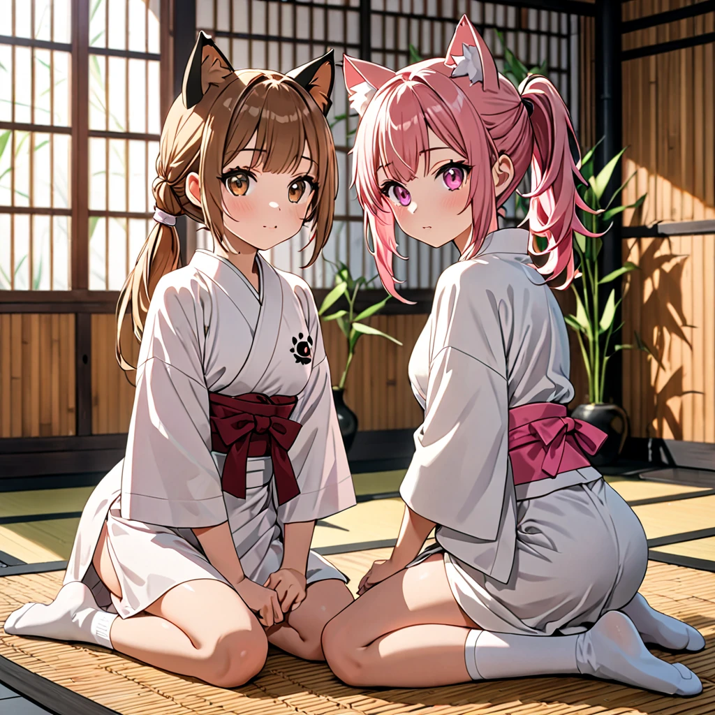Character: The same woman with fox ears and long pink hair.Clothing: Similar to the first image, with a traditional Japanese outfit in white and red. Brown ropes are wrapped around her arms, chest, and legs in a bondage style.Scene: She is sitting on the floor inside a room with tatami mats. Her hands are tied behind her back, and she has a soft and calm expression.Additional Details: The woman is wearing a mask covering the lower part of her face, leaving only her eyes and part of her hair visible. The ropes are intricately tied, emphasizing the careful craftsmanship of the shibari technique.