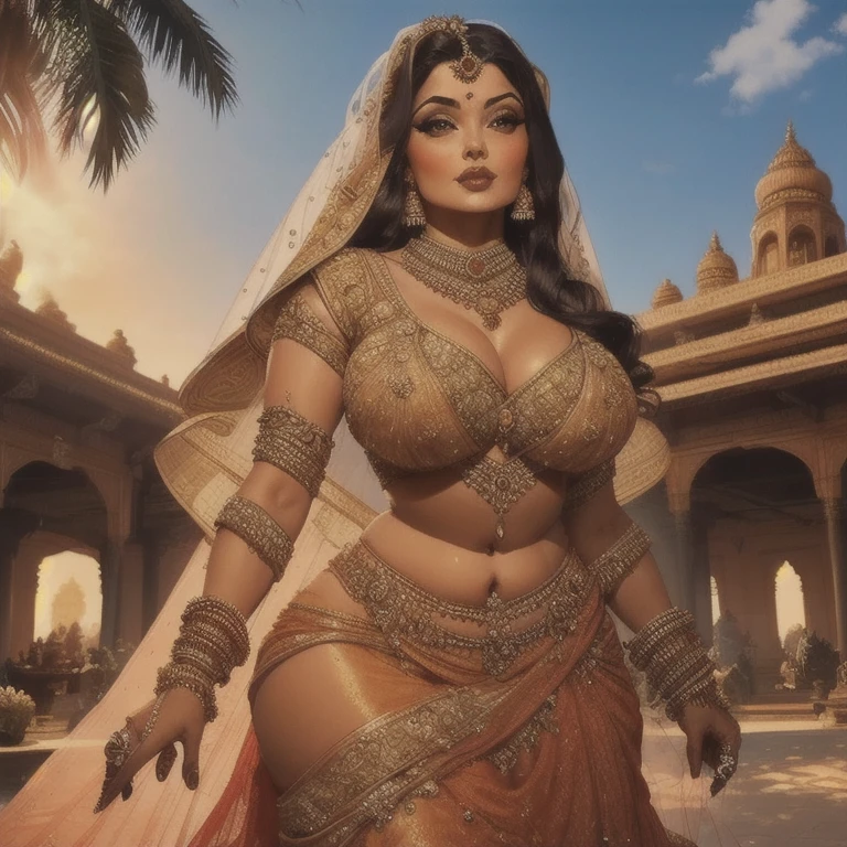 Voluptuous priestess with tattoos and percings on her body and an Iron Man mask outside a Hindu temple Ultra-realistic photo --auto