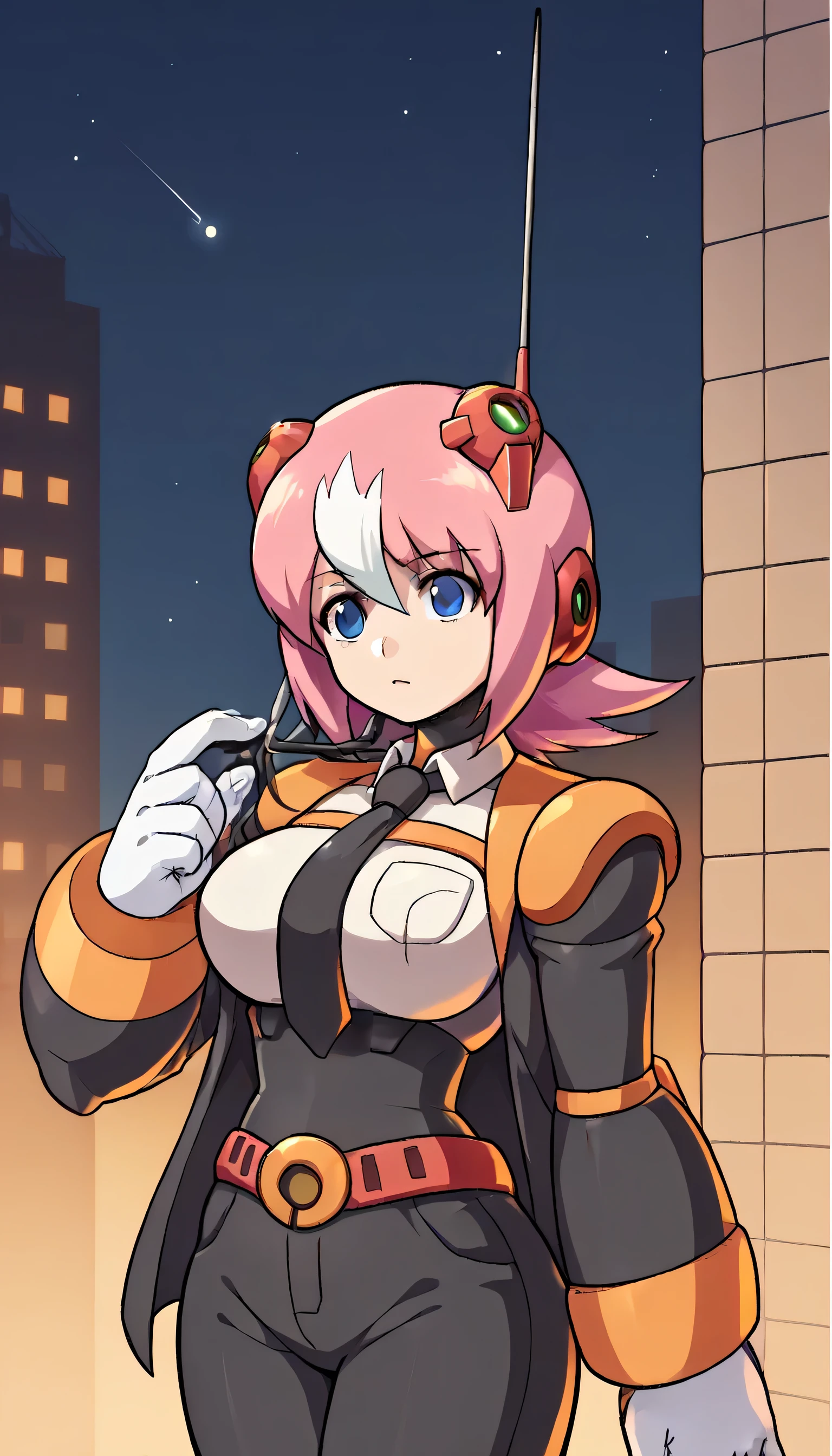 1girls, solo, female_focus, necktie, formal, gloves, suit, , adjusting_clothes, belt, hand_in_pocket, shirt, , jacket, pants, long_sleeves,Windows, Building,,, large breast,sky, stars, night,NanaMMX, 1girl, android, robot joints, pink hair, white hair, two-tone hair, multicolored hair, antenna, robot ears, blue eyes