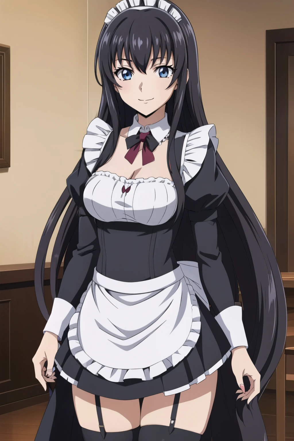 1 girl, cute, black hair, long hair, hair band, bending over, (smile), (Gothic coffee shop), thigh highs, white_leg wear, ((maid)) ((maid)), (anime cels style, Masterpiece, best quality, high resolution, anime colored, anime style, anime key visual, sharp, 8k), beautiful blue eyes,