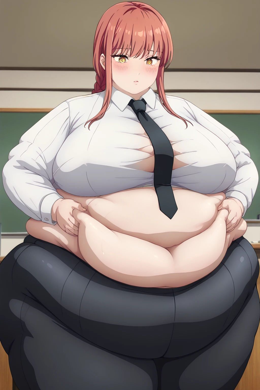 Makima, makima,  long hair、bangs、 shirt、 Long Sleeve , yellow eyes, white  shirt、 braided 、 thighs、Red Hair、 ties, collared  shirt、 black pants 、black  ties, company office, troubled expression,blush,Obese middle-aged woman,Severe obesity, Fat face,ssbbw,weight 250kg, score_9,  score_8_ up、 score_7_ up、 score_6_ up、 score_5_ up、 score_4_ up、 Masterpiece、 top quality, A beautiful woman with an obese figure,  absurd、 source_Anime, Anime screencap,  one woman、Alone、 personal  、Super huge breasts,  super huge clevis、Super huge, Super huge boob,Curvy、 Wide Hips 、