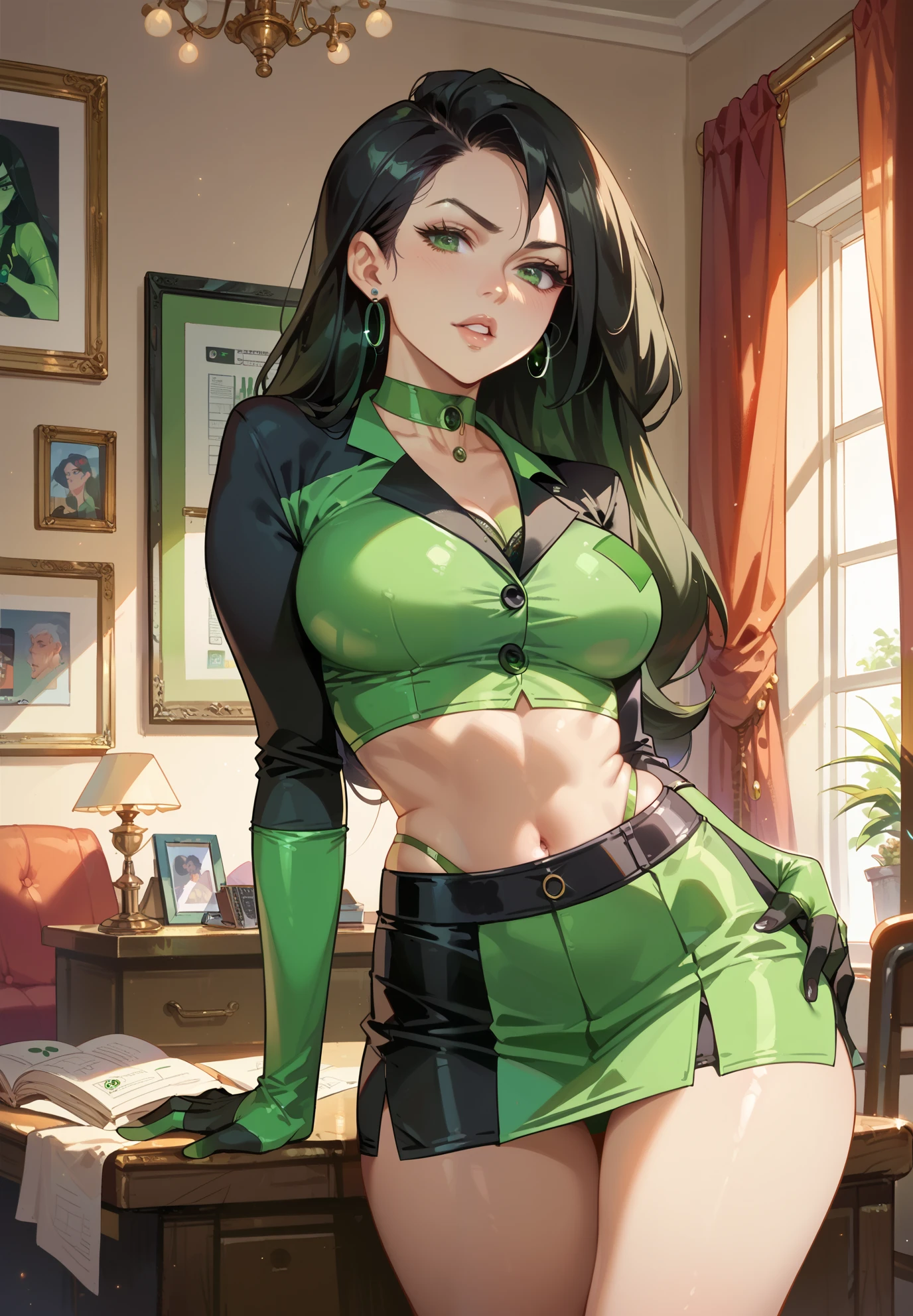 masterpiece, best quality, finely detailed, 1 girl, (bishoujo), cute, (huge boobs), (cleavage), bicolor hair, black and green hair, green eyes, black collar, green zipper top, ponytail, kistune, fluffy tail, (full body), standing up