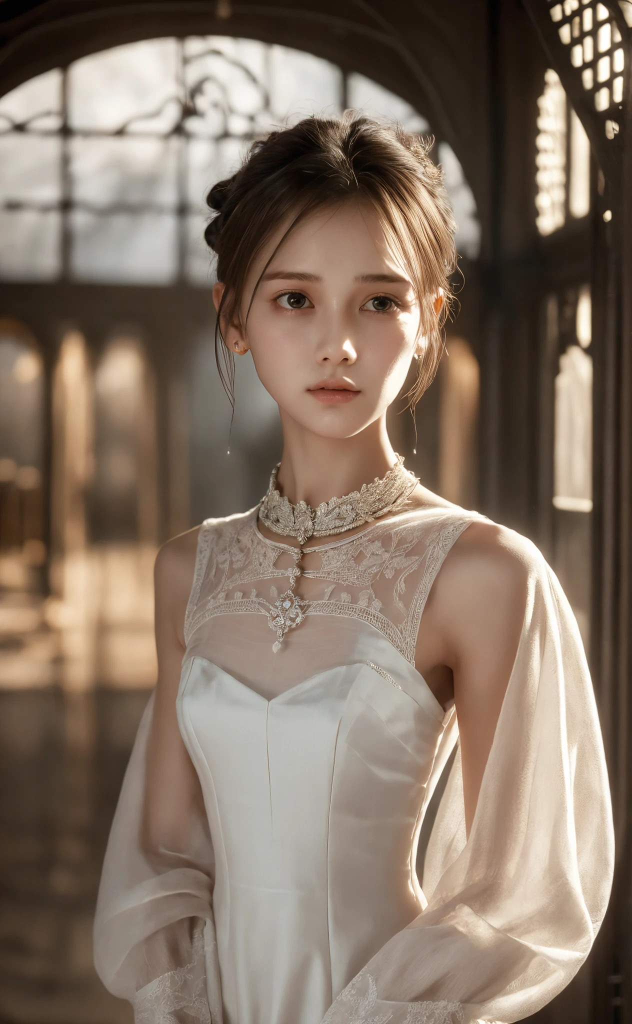  Unity 8K Wallpaper,  more details,  beautiful,  beautiful, masterpiece,  top quality, Darkness,  vibe, mystery, Romanticism, literature, art, fashion,  Victorian, Decoration, Complexity, Ironwork, race, meditation, Depth of emotion,  Supernatural, 1 girl, white skin,White Shoulders,Narrow shoulders,Thin arms, slender waist, bun hair 