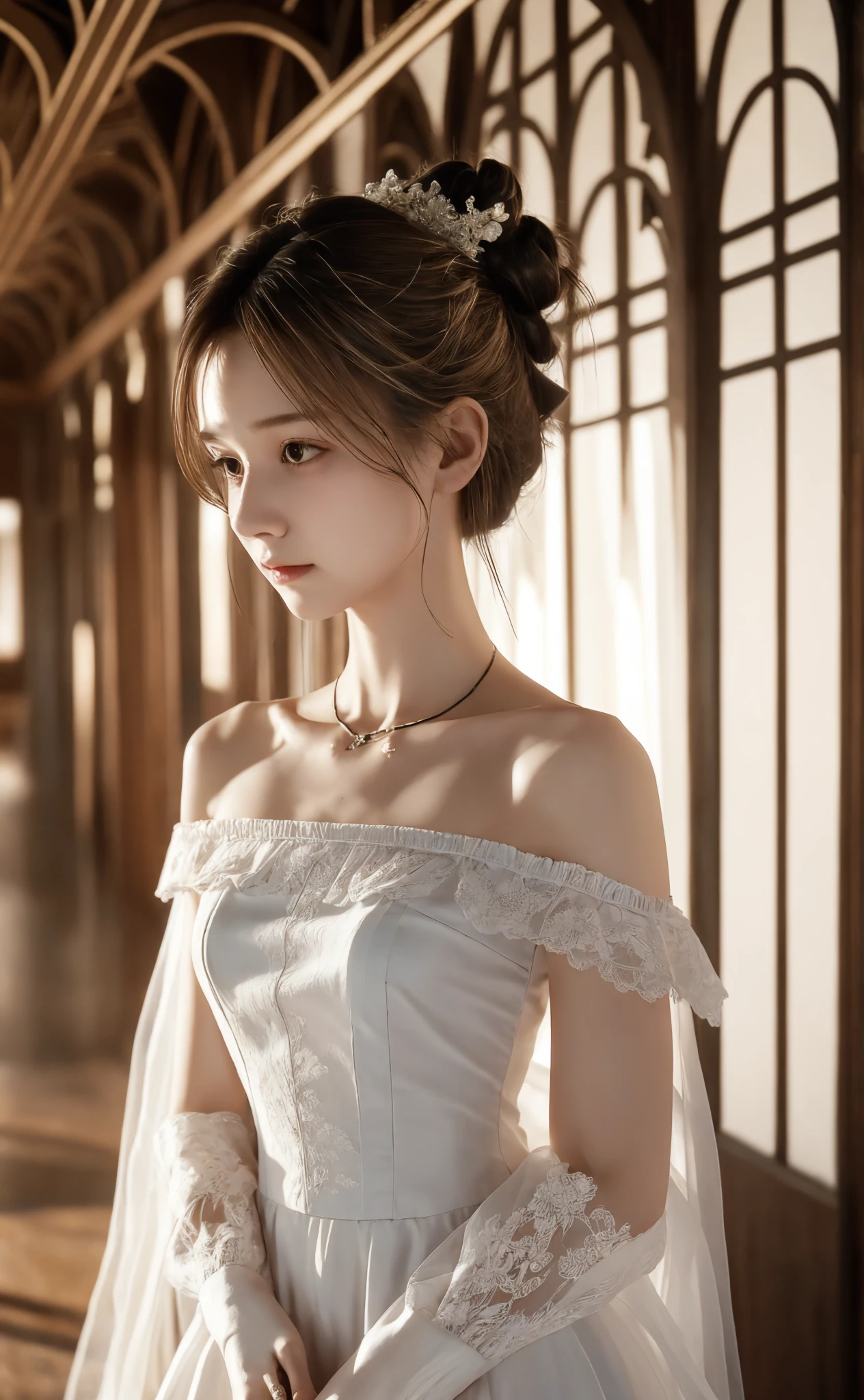  Unity 8K Wallpaper,  more details,  beautiful,  beautiful, masterpiece,  top quality, Darkness,  vibe, mystery, Romanticism, literature, art, fashion,  Victorian, Decoration, Complexity, Ironwork, race, meditation, Depth of emotion,  Supernatural, 1 girl, white skin,White Shoulders,Narrow shoulders,Thin arms, slender waist, bun hair 