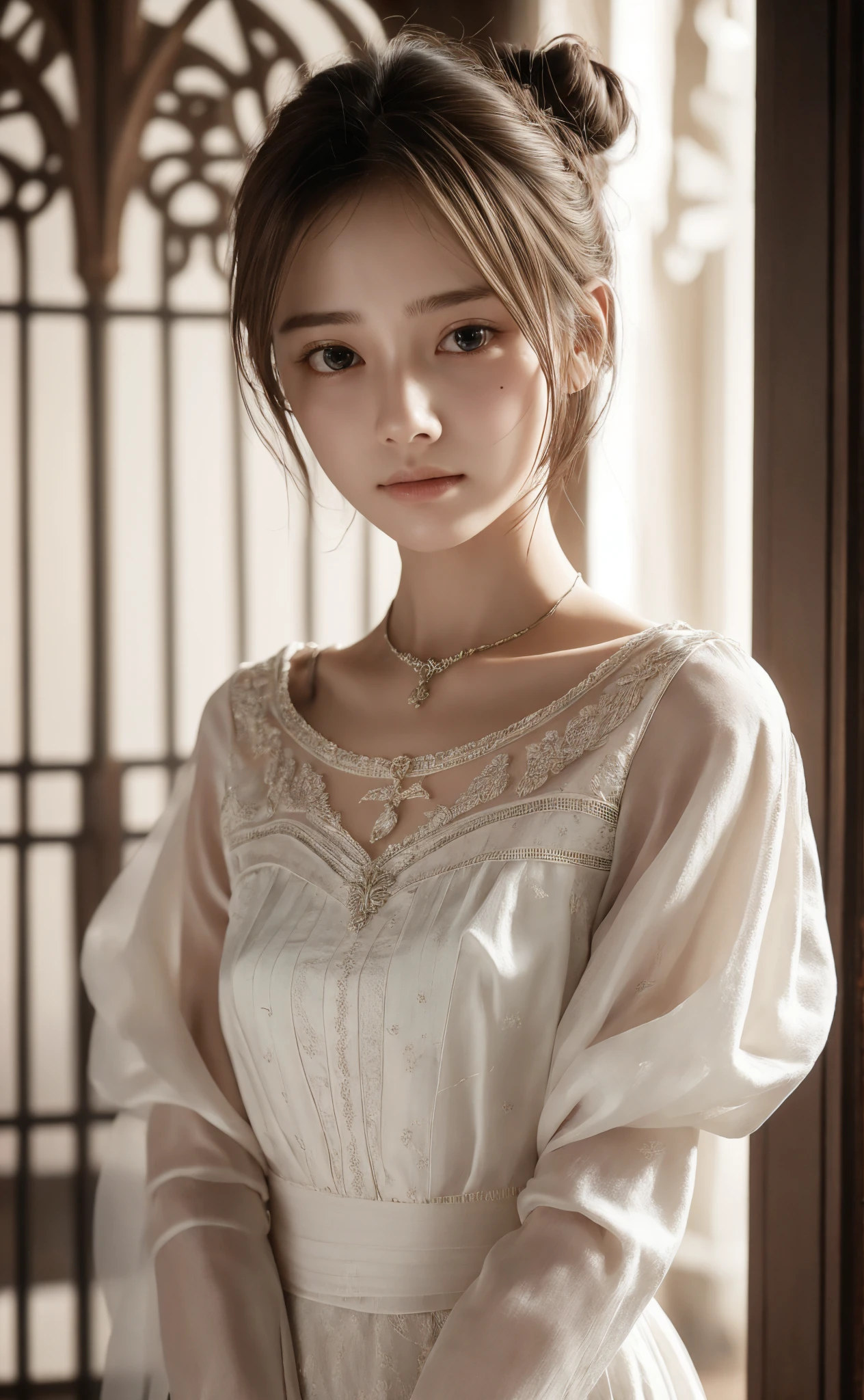  Unity 8K Wallpaper,  more details,  beautiful,  beautiful, masterpiece,  top quality, Darkness,  vibe, mystery, Romanticism, literature, art, fashion,  Victorian, Decoration, Complexity, Ironwork, race, meditation, Depth of emotion,  Supernatural, 1 girl, white skin,White Shoulders,Narrow shoulders,Thin arms, slender waist, bun hair 